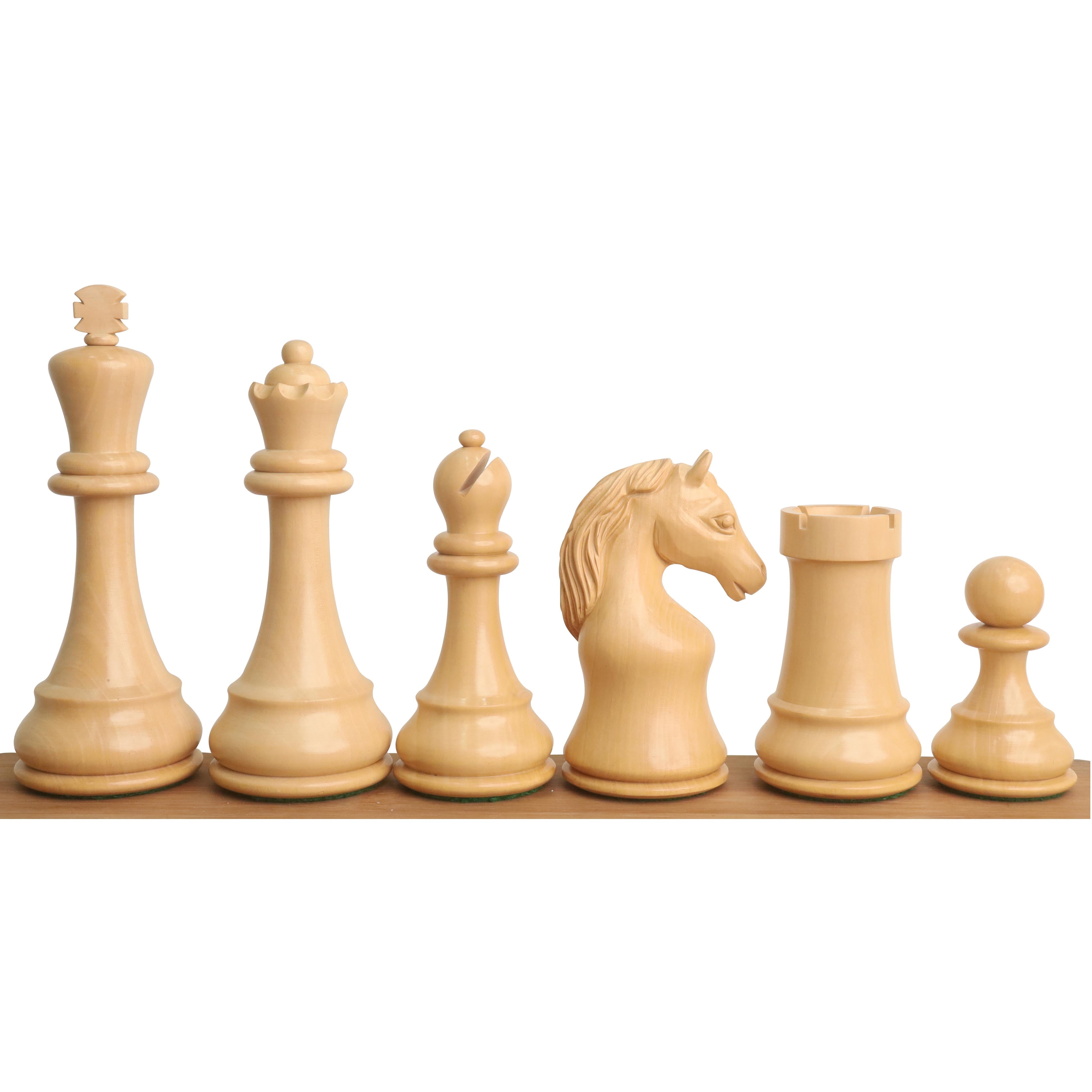 Mahogany Stained Boxwood and Boxwood chessmen sized for 65 mm squares