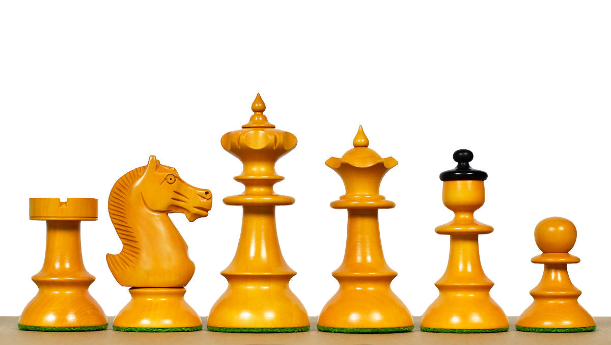 Austrian Coffee House Old Vienna chess pieces, ebonised and antique boxwood, hand carved in India