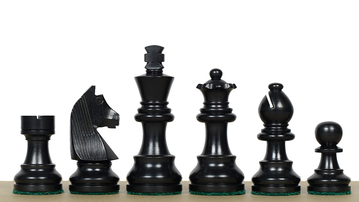 Tournament Staunton German Knight chess pieces, ebonised and natural boxwood, hand carved in India