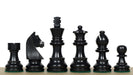 Tournament Staunton German Knight chess pieces, ebonised and natural boxwood, hand carved in India