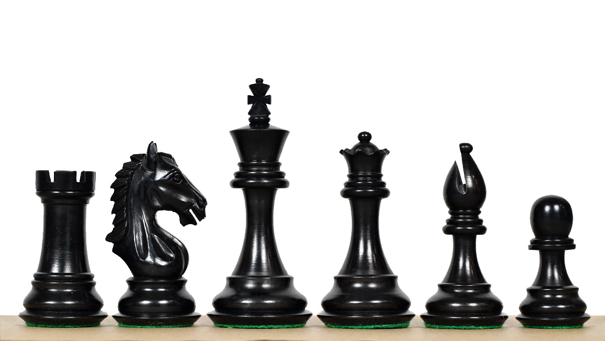 Derby Knight chess pieces, ebonised boxwood and boxwood, hand carved in India