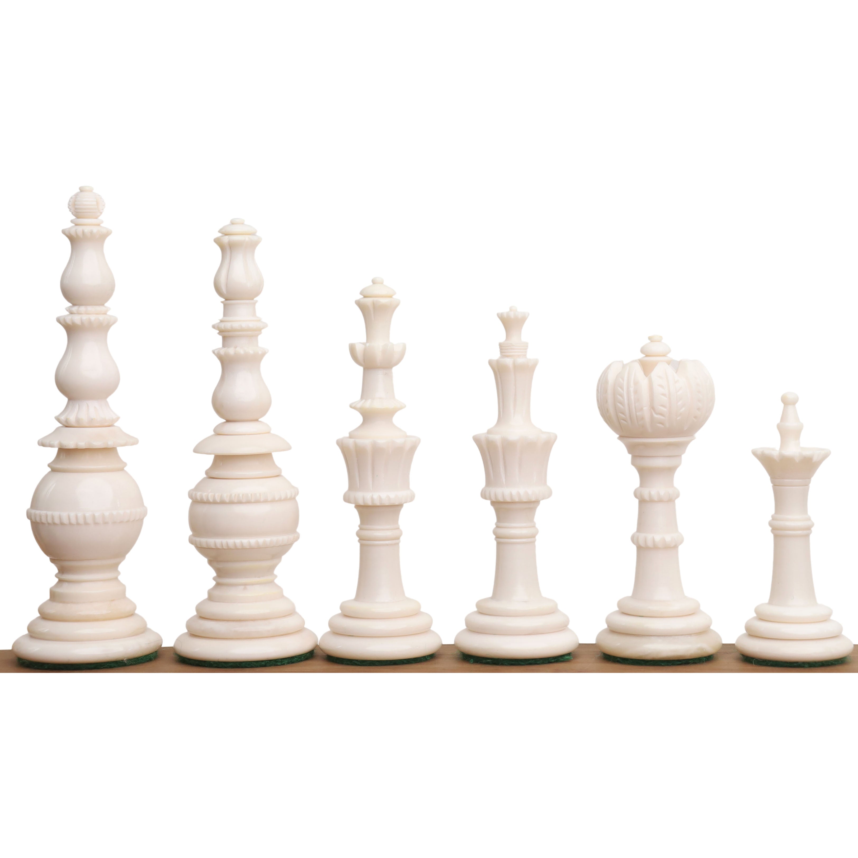 Turkish Tower Pre-Staunton chess pieces in crimson & white camel bone, 118mm king