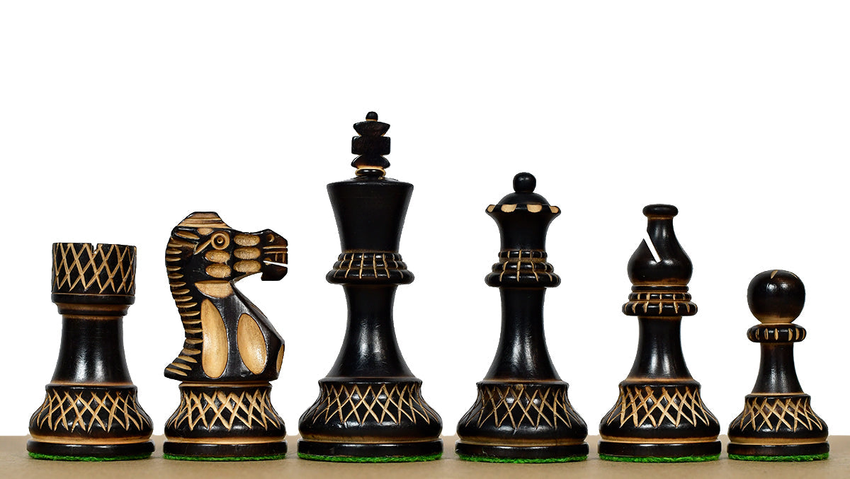 Burnt Blazed Series chess pieces, burnt boxwood and natural boxwood, hand carved in India