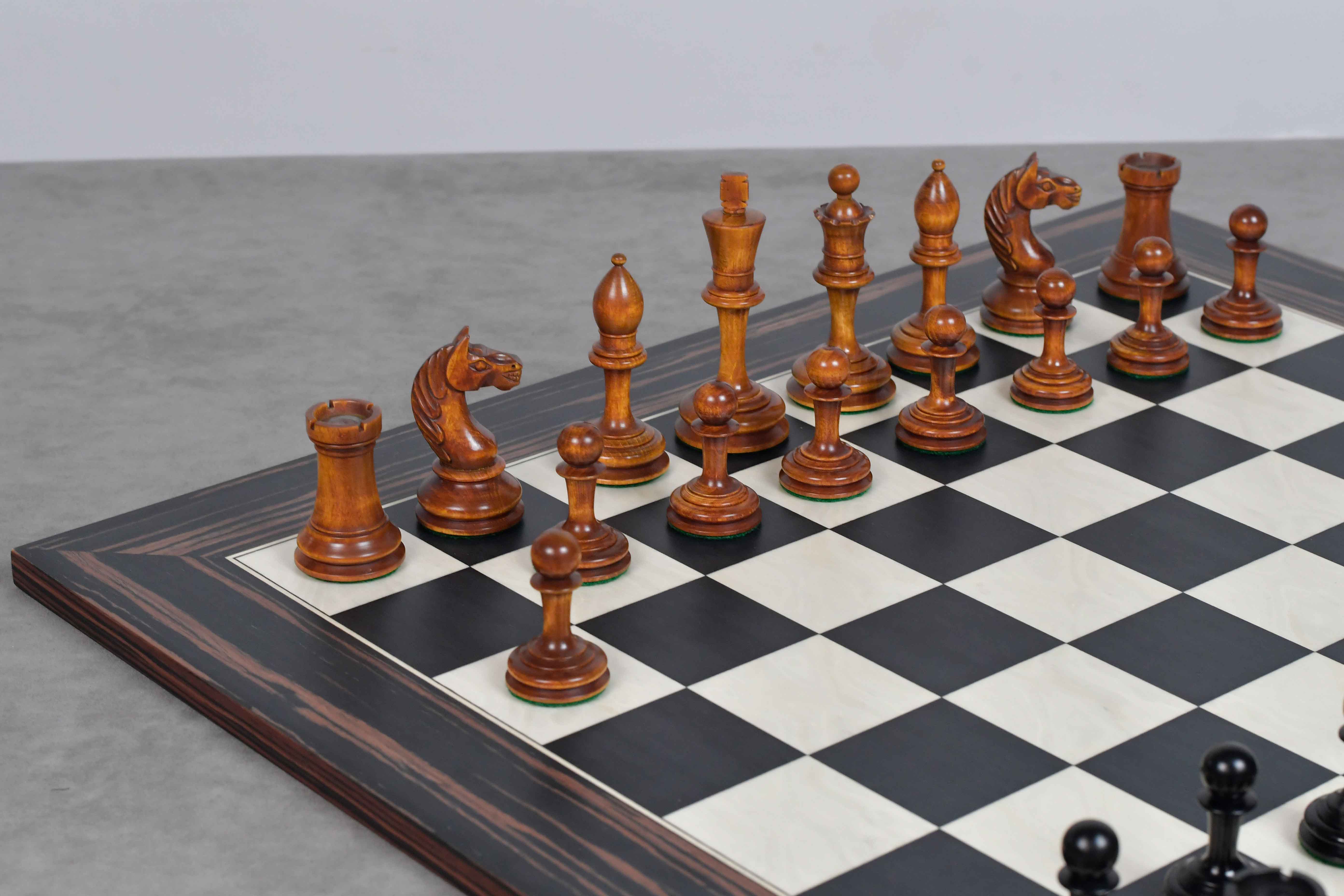 1933 Antonio Fabiano Botvinnik chess set, genuine ebony and antiqued boxwood, hand carved in India