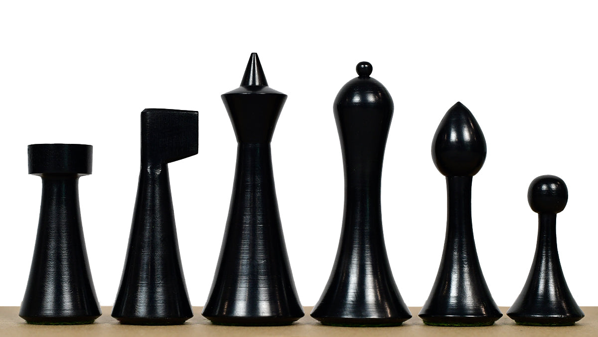 Hermann Ohme Minimalist chess pieces, ebonised and natural boxwood, hand carved in India