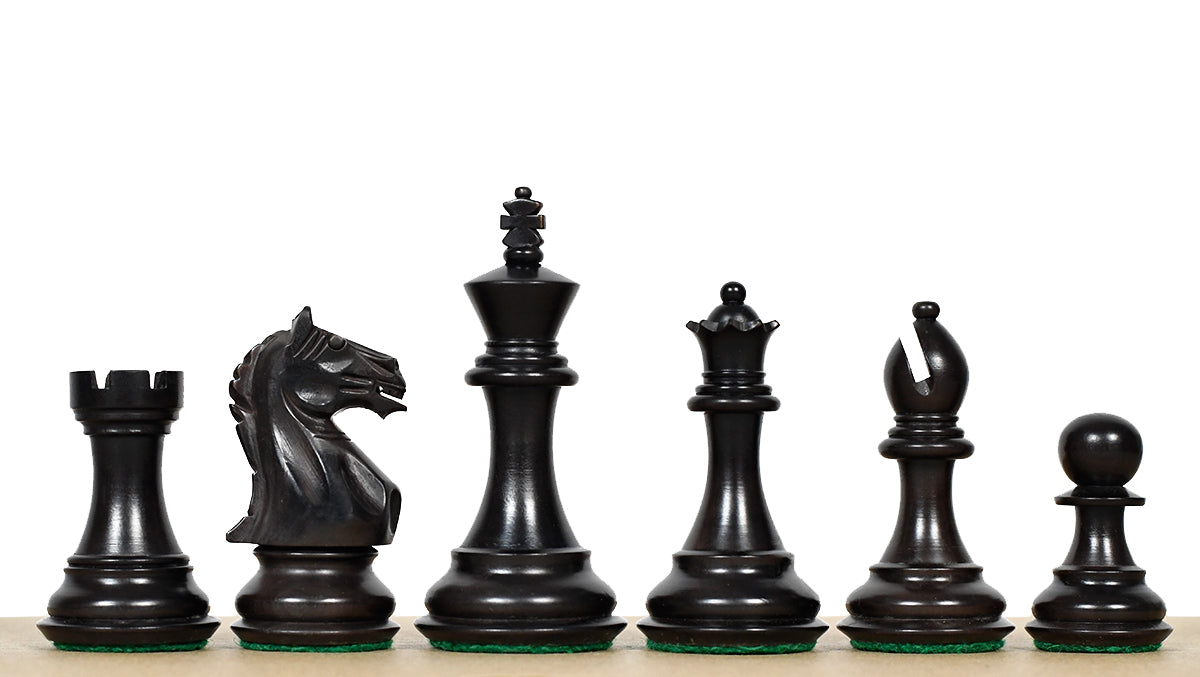 Fierce Knight Staunton chess pieces, ebonised wood and boxwood, hand carved in India