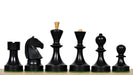 Soviet Era chess pieces, ebonised and natural boxwood, hand carved in India