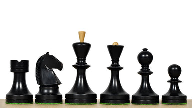 Soviet Era chess pieces, ebonised and natural boxwood, hand carved in India