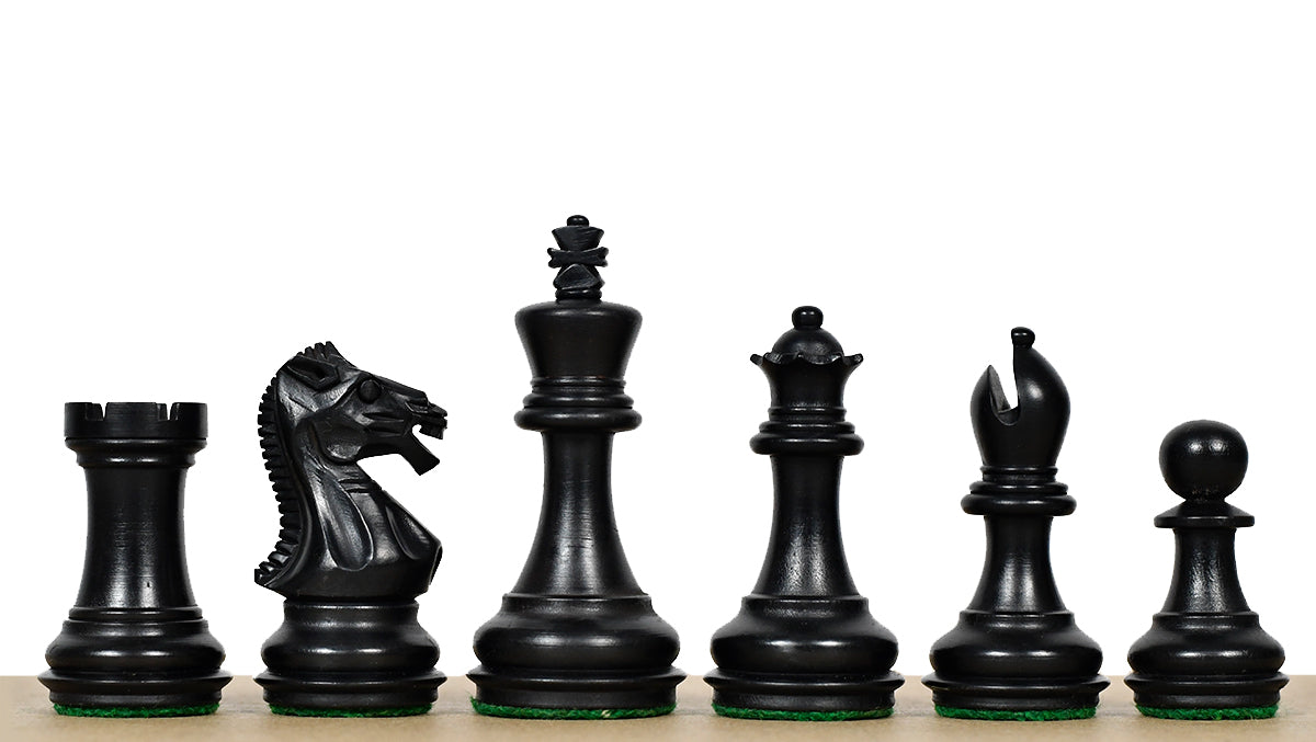 Laughing Knight chess pieces, ebonised and natural boxwood, hand carved in India