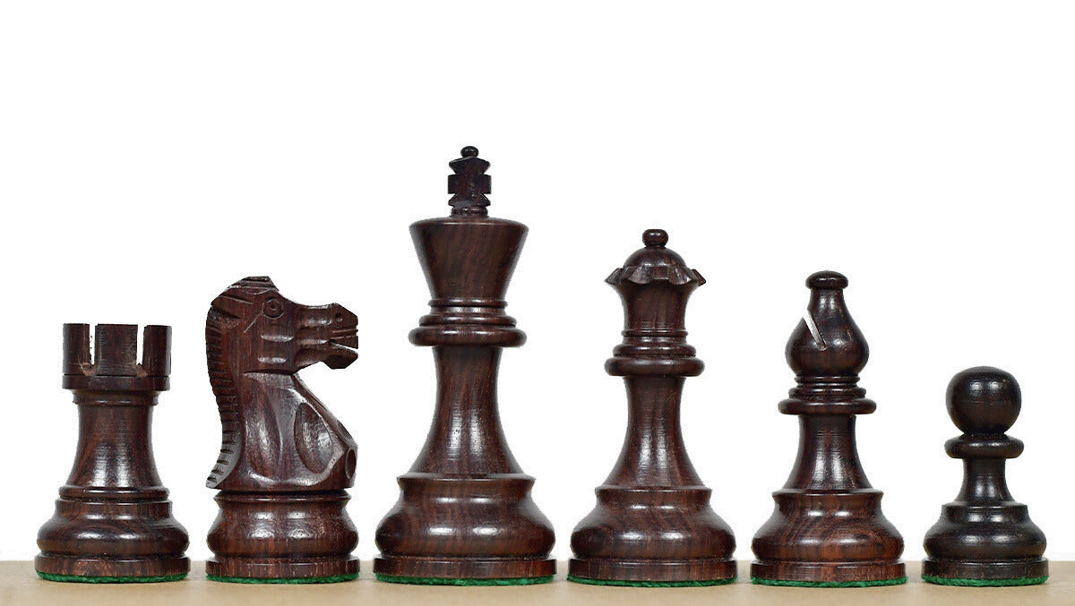 Smokey Staunton chess pieces, rosewood and boxwood, hand carved in India