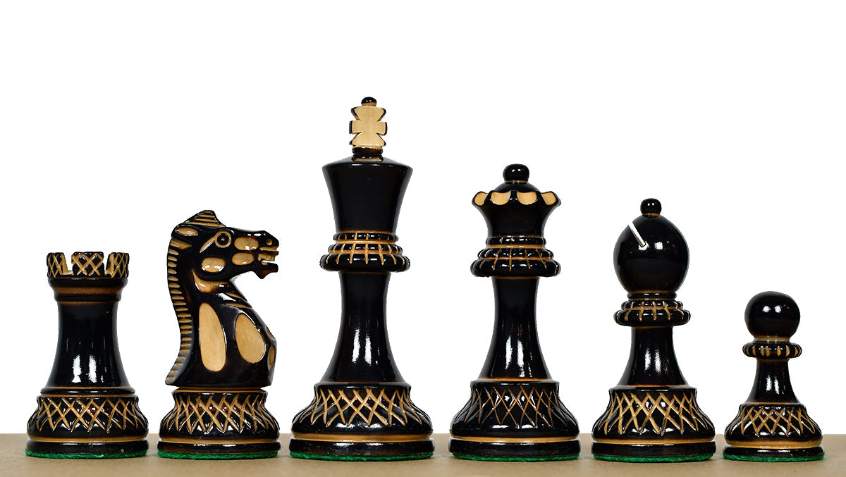Parker Staunton Lacquered chess pieces, burnt and natural boxwood, hand carved in India