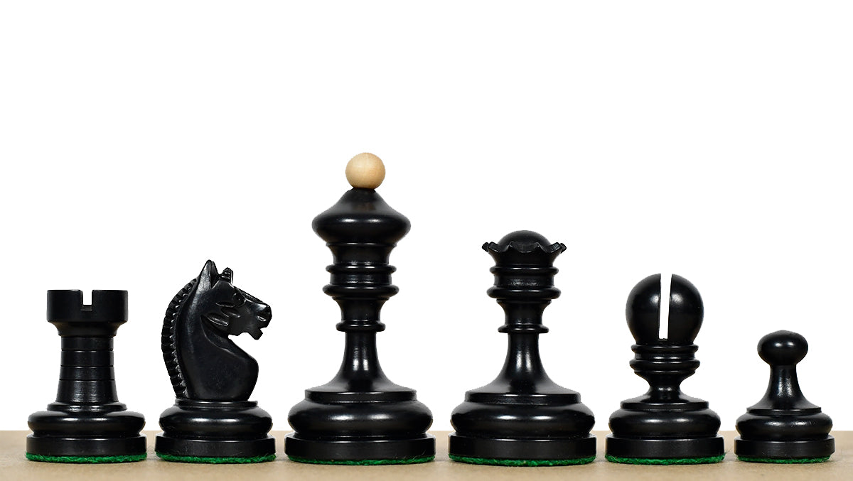 1930 Knubbel Analysis chess pieces, ebonised and natural boxwood, hand carved in India