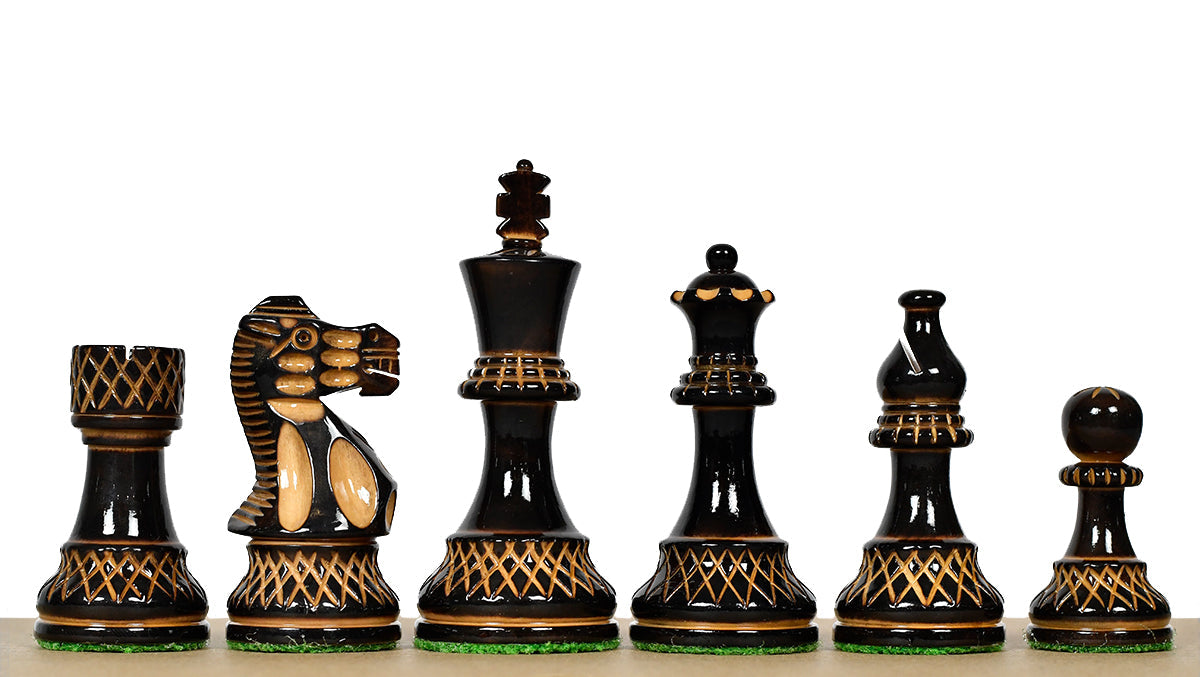 Burnt Blazed Lacquered chess pieces, lacquered burnt boxwood and natural boxwood, hand carved in India