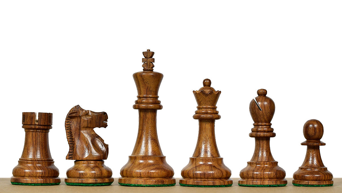 Sheesham chess pieces with a 96mm king and weighted felted bases