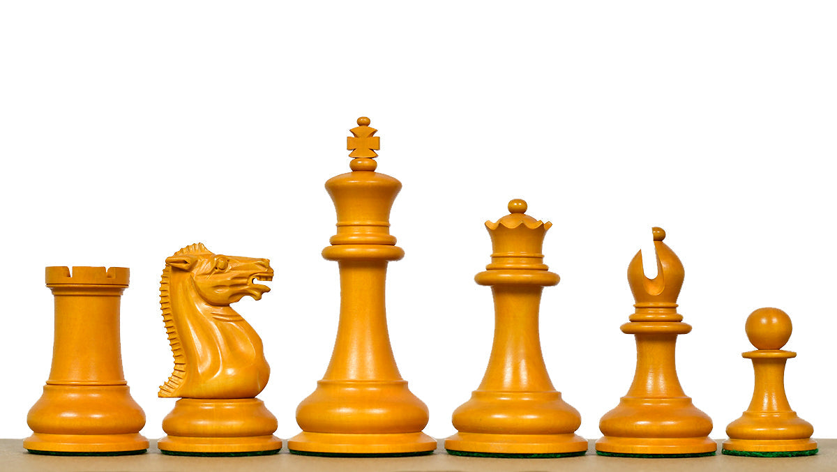 1849 Original Staunton chess pieces, ebony and antiqued boxwood, hand carved in India