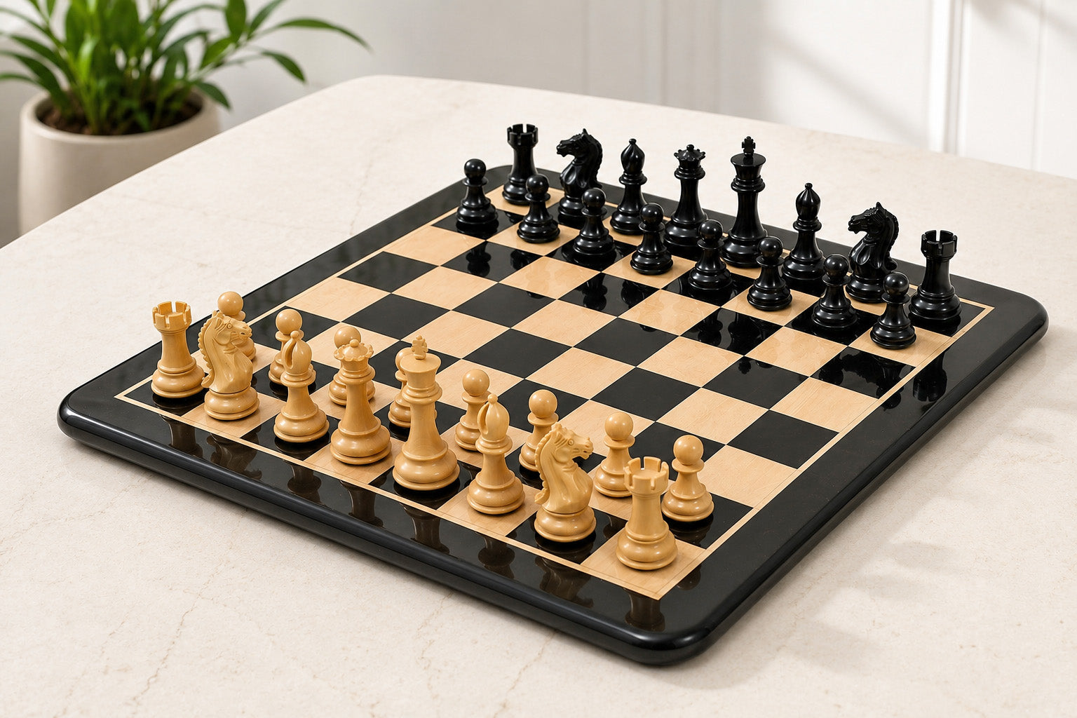 Fierce Knight Staunton chess set in ebonised boxwood with a 53cm ebony and maple board