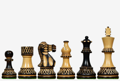 Sterling Chess Burnt Blazed Series chess pieces in burnt boxwood and natural boxwood, 97mm king
