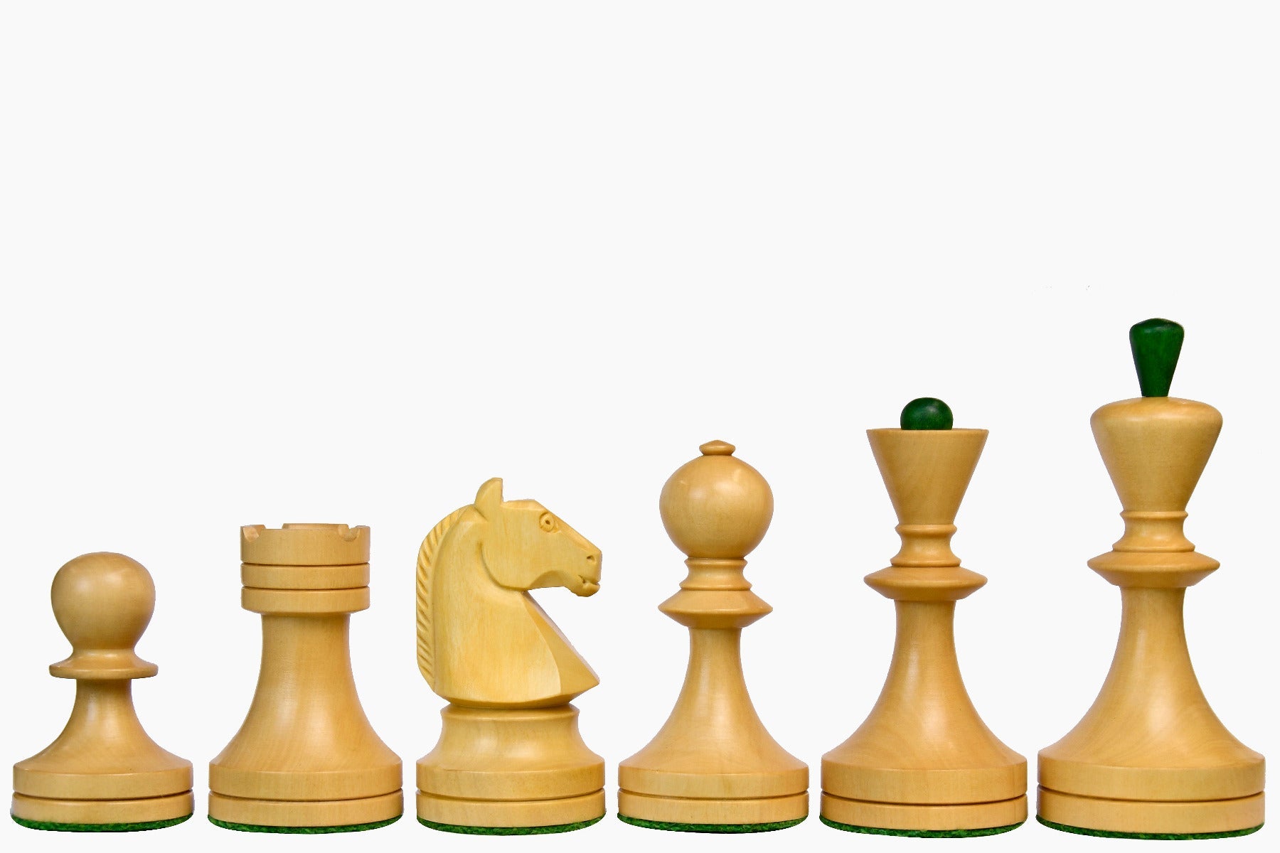 Stained green ash burl chess pieces with a 95mm king and weighted felted bases