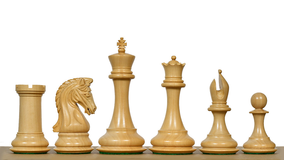 Triple weighted ebony Imperial chess pieces in Australia, 112mm king and boxwood light pieces