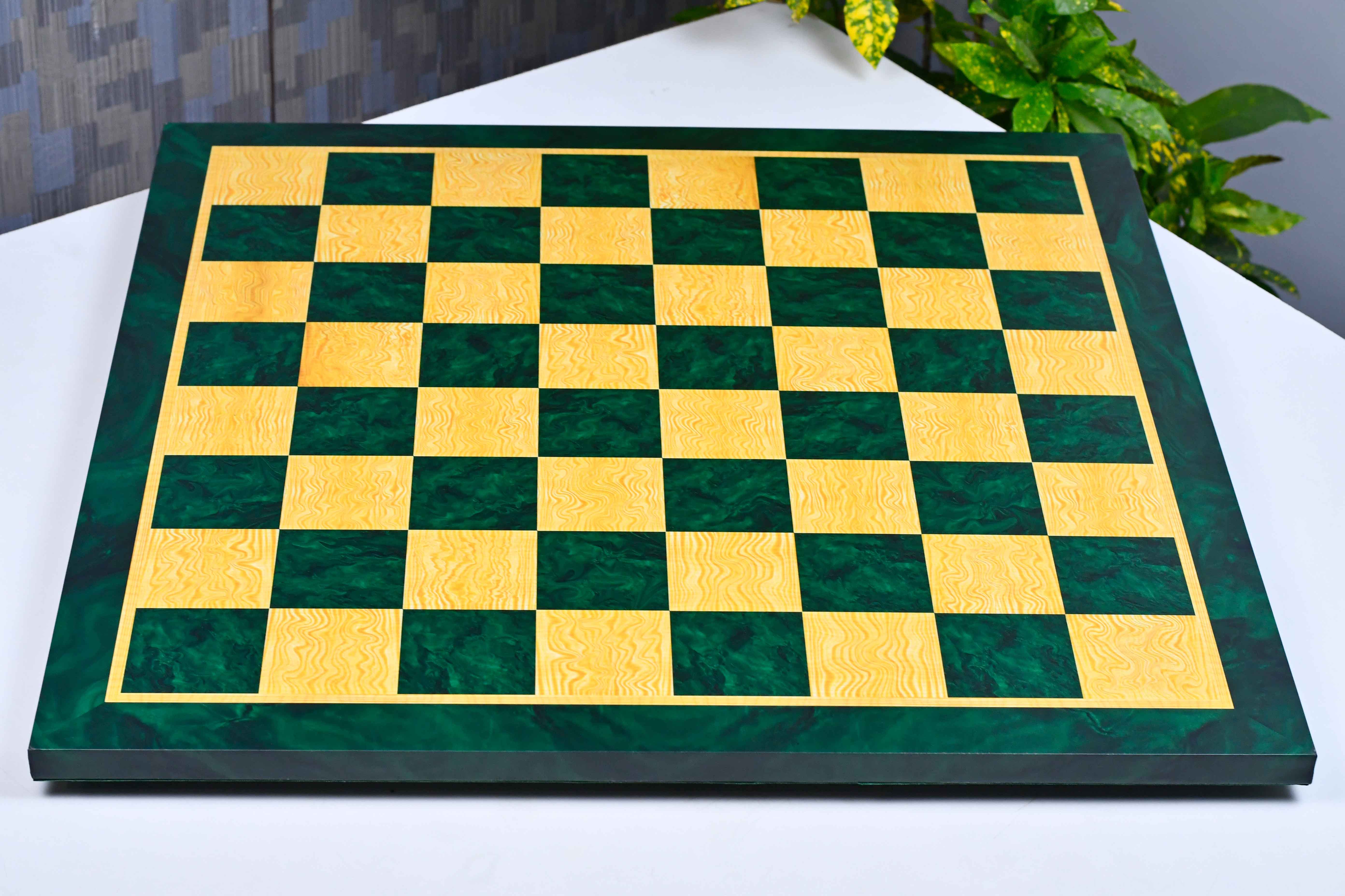 Green burl tournament chess board at an angle