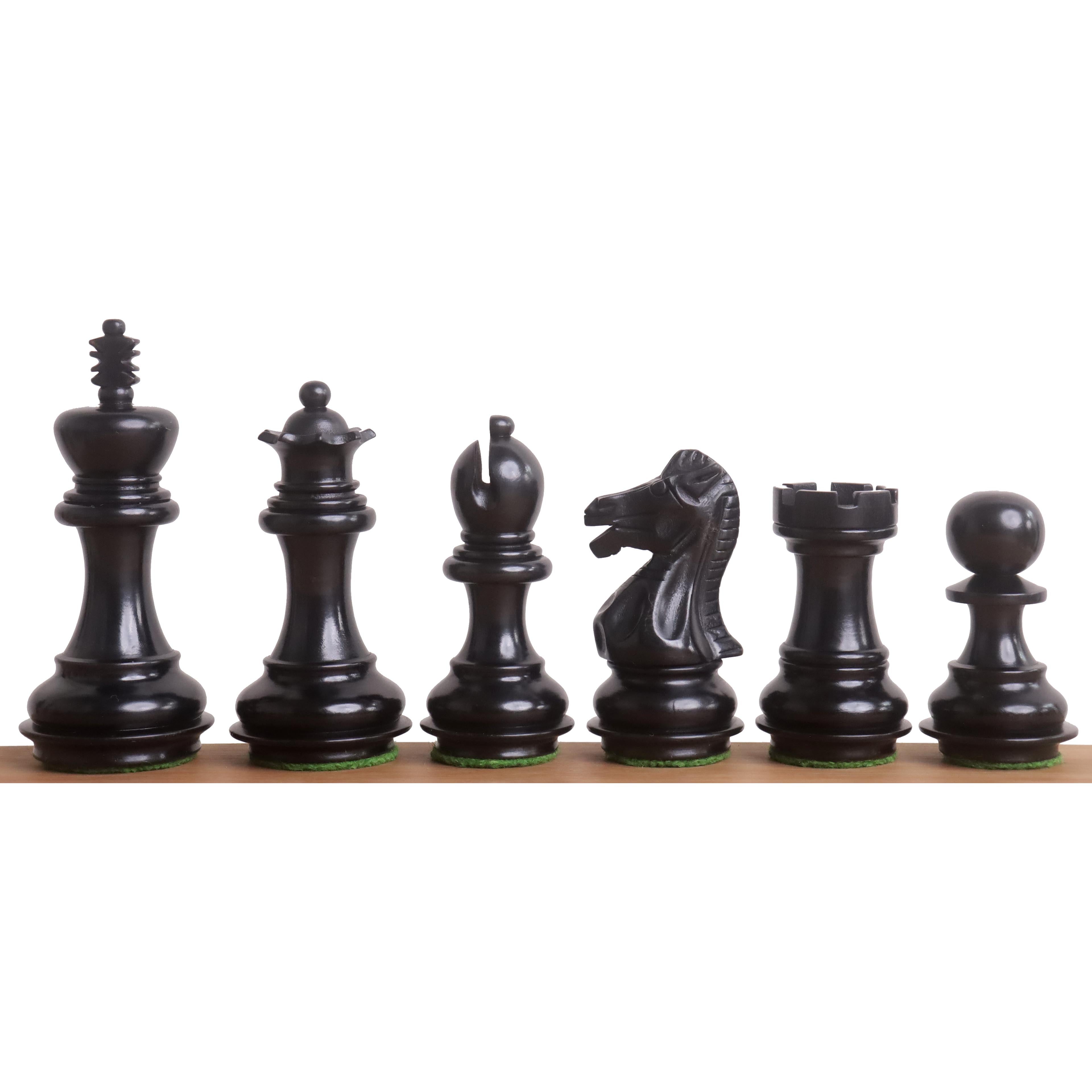 Ebonised chessmen sized for 45 to 50 mm squares