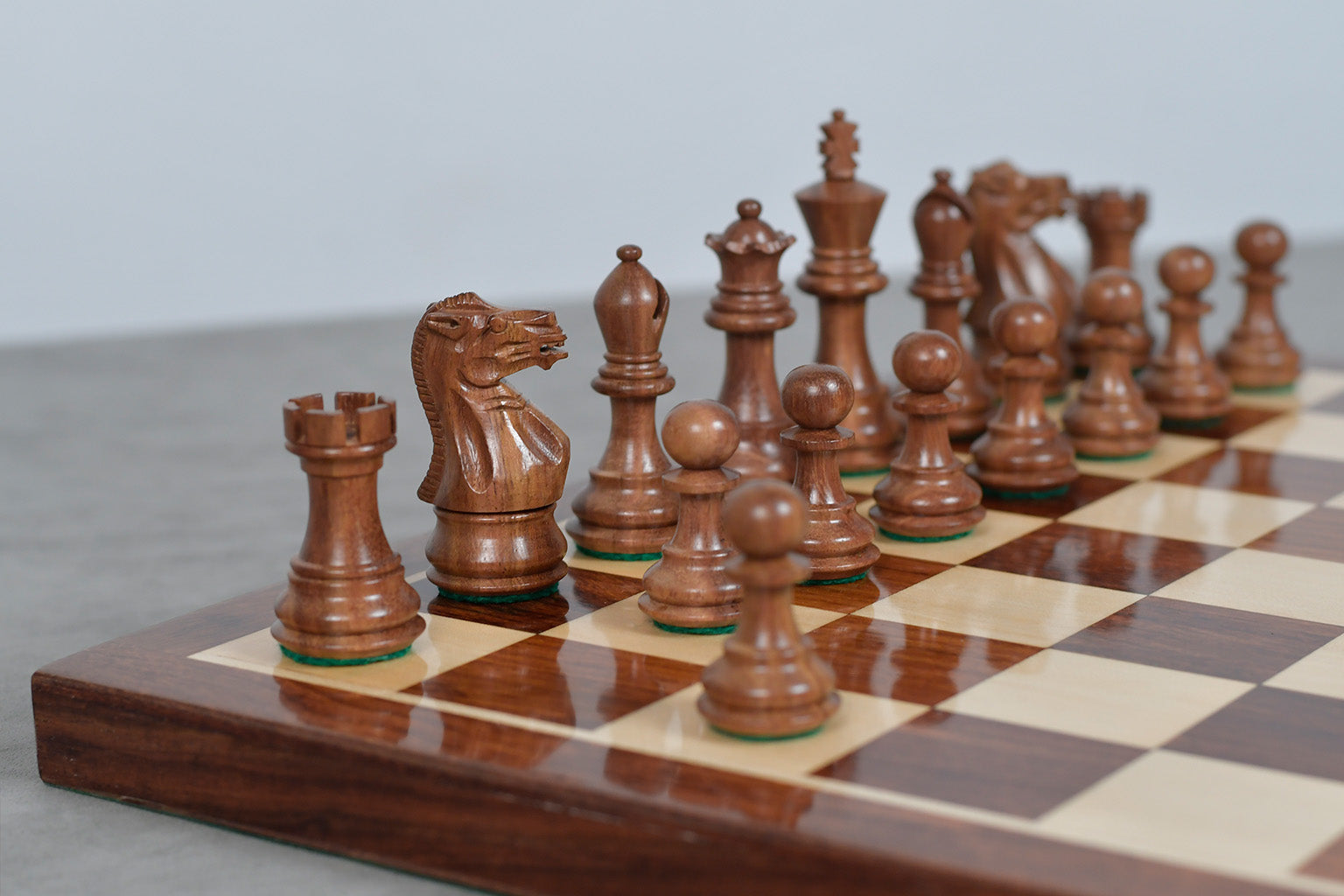 Stallion Staunton chess pieces, weighted sheesham and boxwood, 76mm king