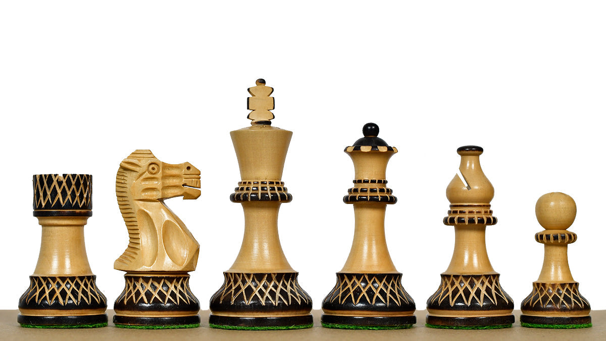 Burnt boxwood chess pieces with a 97mm king and weighted felted bases