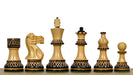 Burnt boxwood chess pieces with a 97mm king and weighted felted bases
