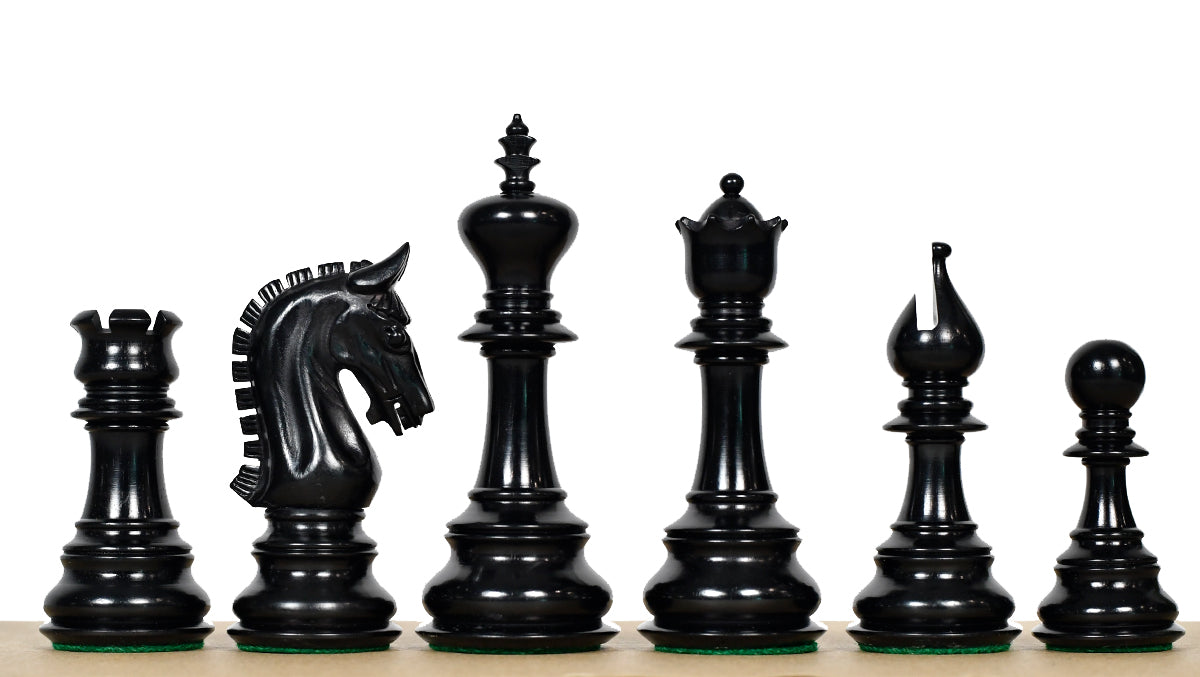 Luxury ebony and antiqued boxwood Staunton chess pieces, 112mm king, from Sterling Chess Australia