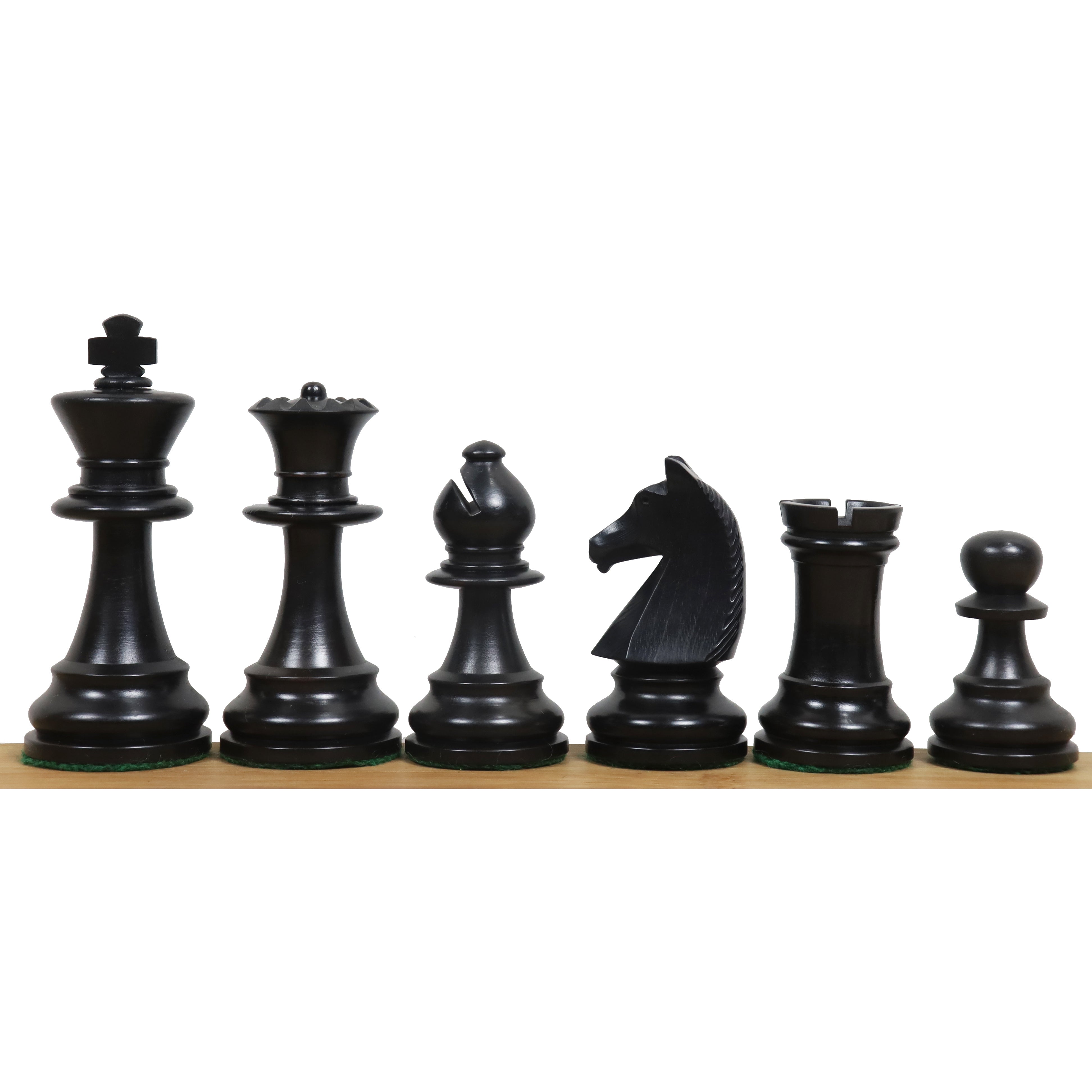 Antiqued Boxwood and Ebonised Boxwood chessmen sized for 55 to 60 mm squares