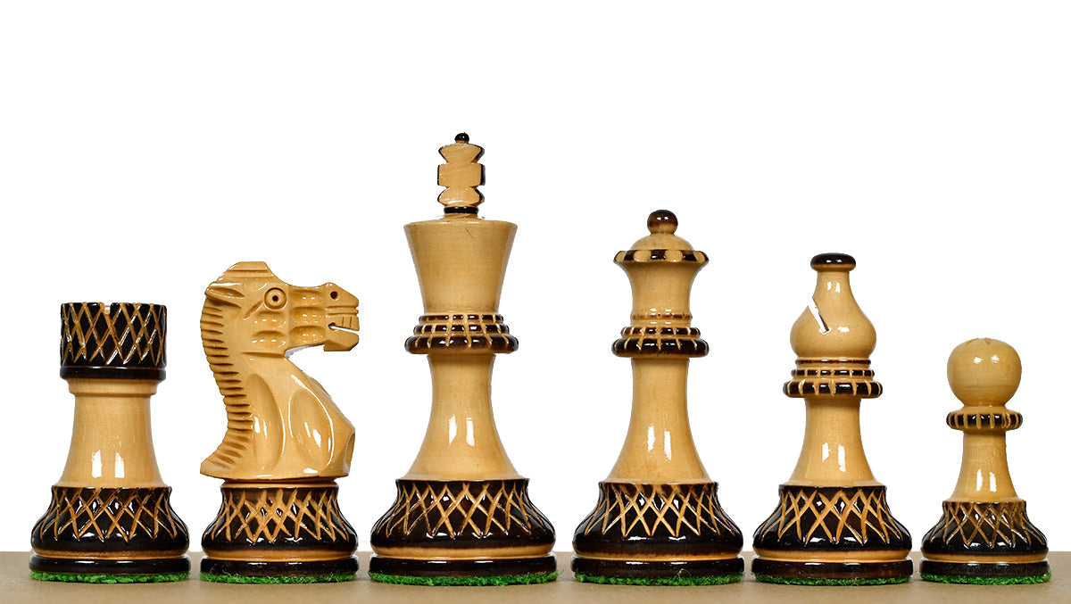 Lacquered burnt boxwood chess pieces with a 97mm king and weighted felted bases