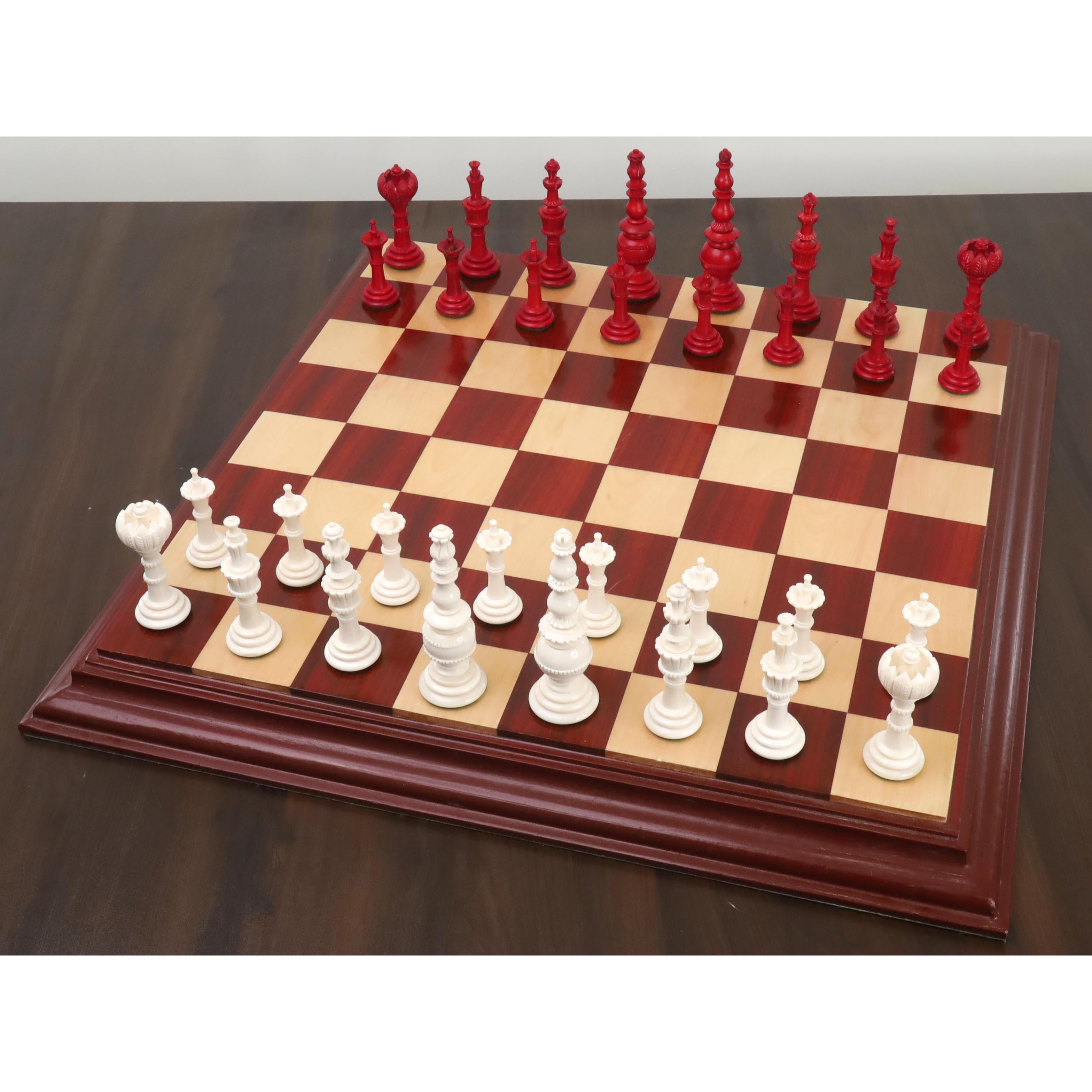 Turkish Tower Pre-Staunton chess pieces in crimson & white camel bone, 118mm king