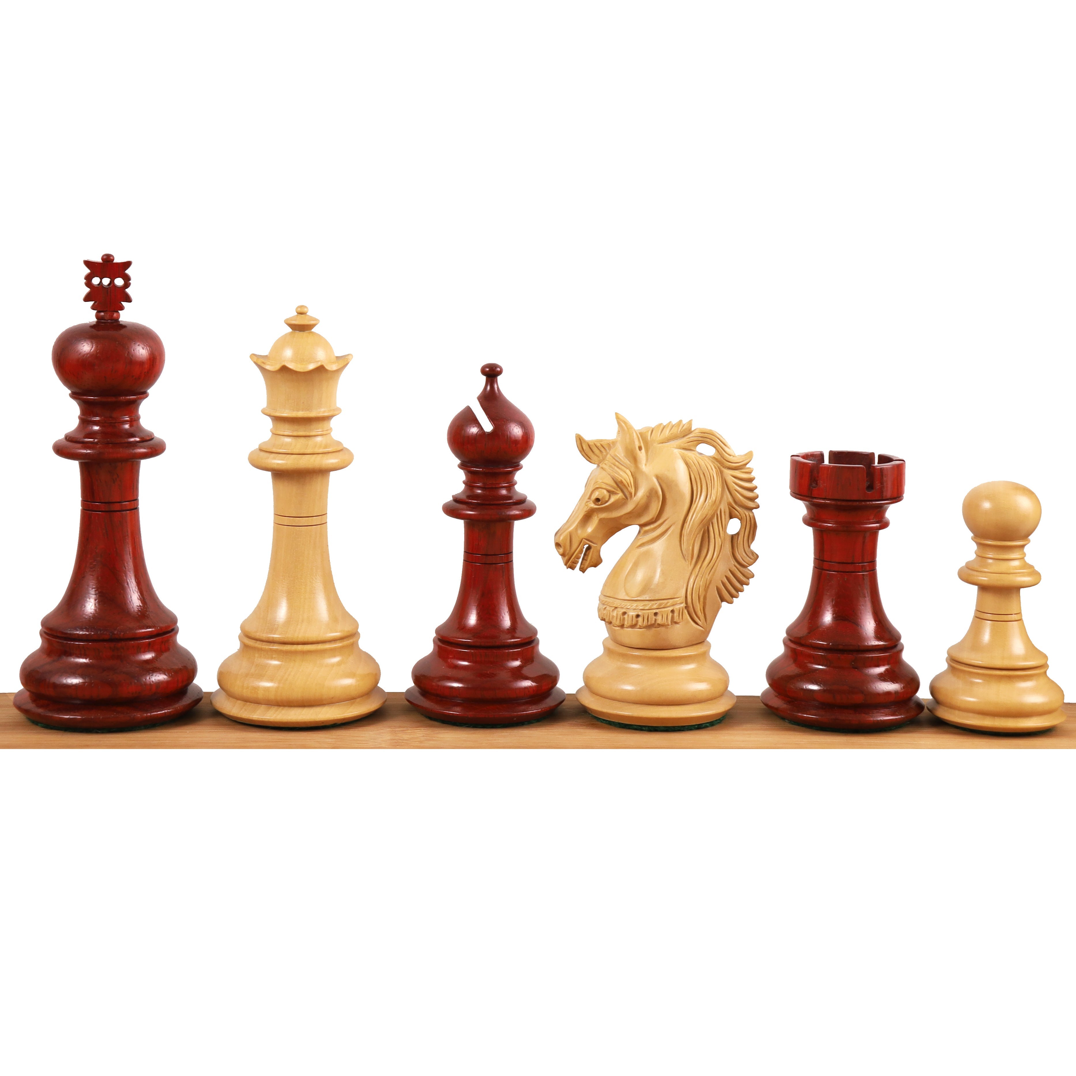 Prestige Staunton chess pieces in bud rosewood, 118mm king