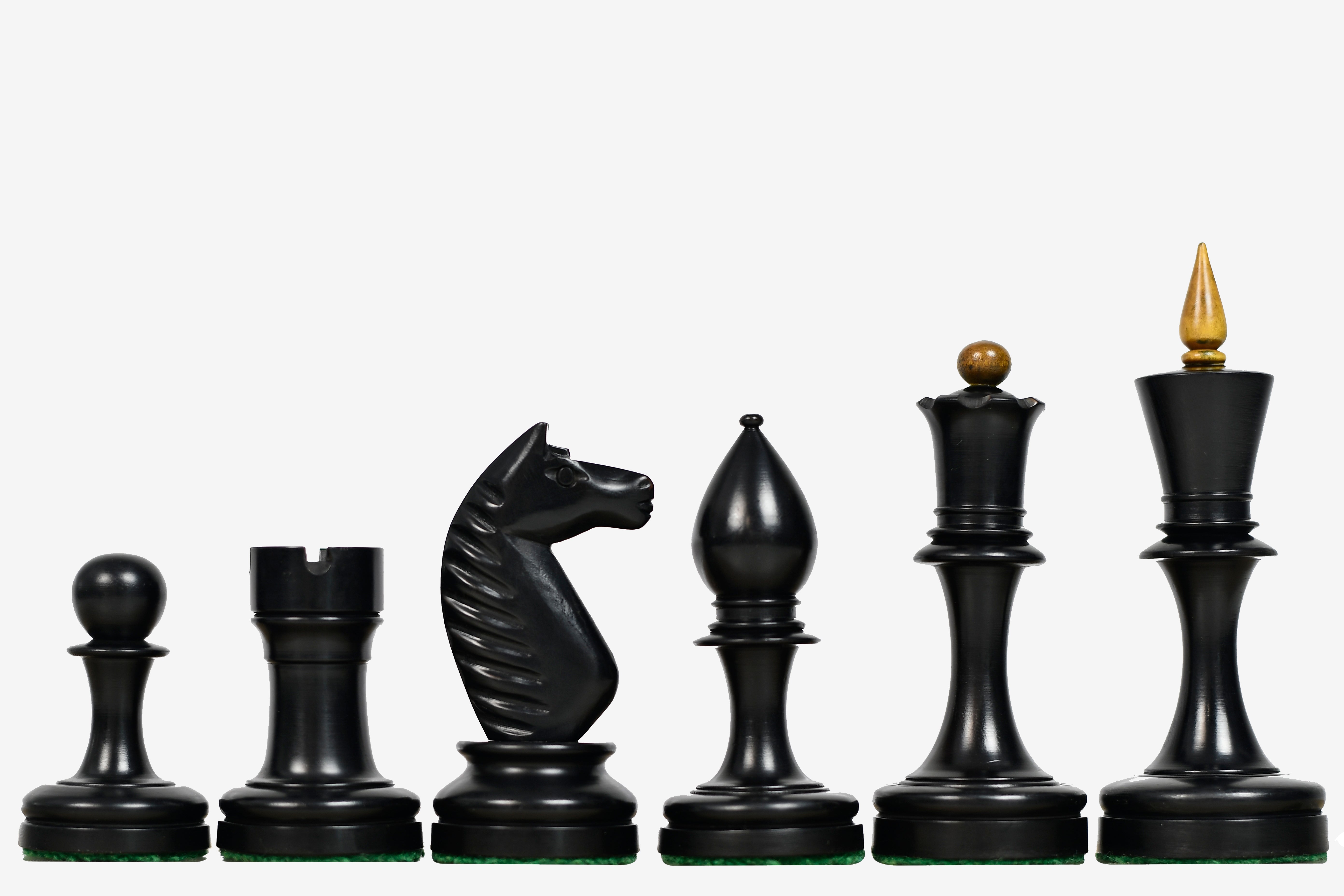 Ebonised Staunton chess pieces with a 105mm king, hand carved in India