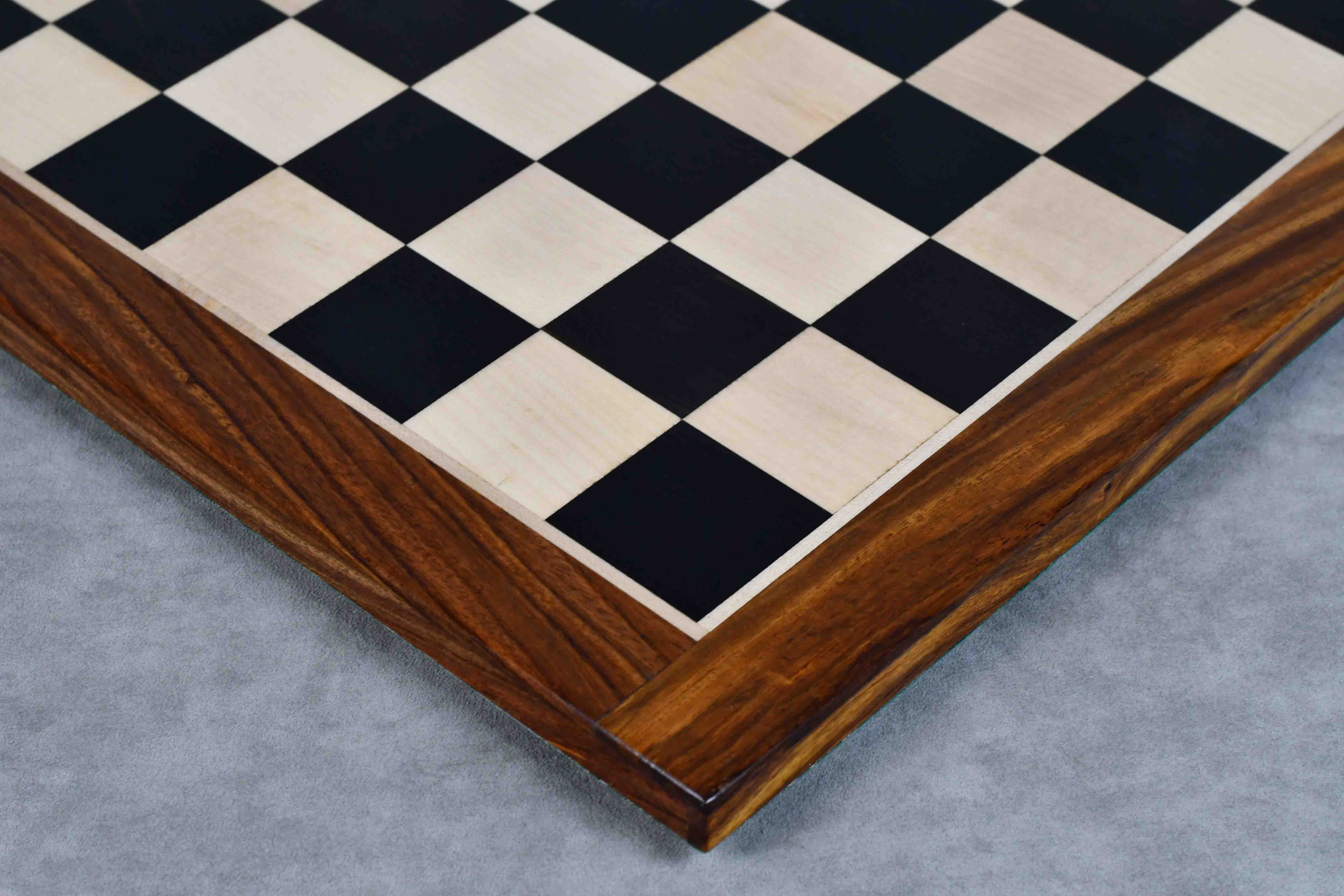 Ebony and maple sheesham border chess board, 17 inch, from above