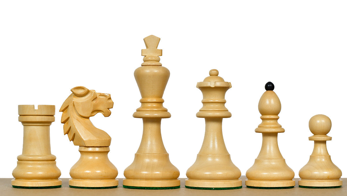Ebonised chess pieces with a 99mm king and felted bases