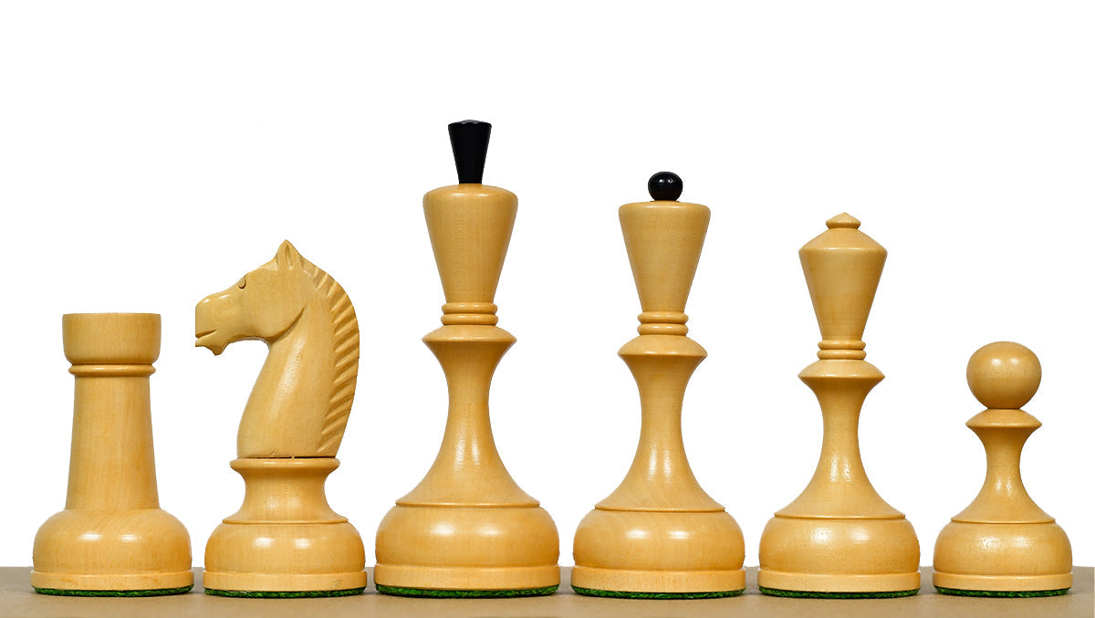 Ebonised and natural boxwood Botvinnik Soviet chess pieces with a 112mm king