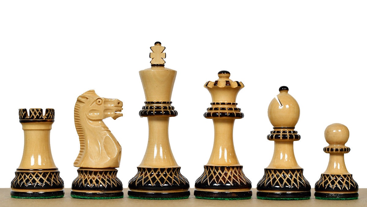 Lacquered burnt boxwood chess pieces with a 99mm king and weighted felted bases