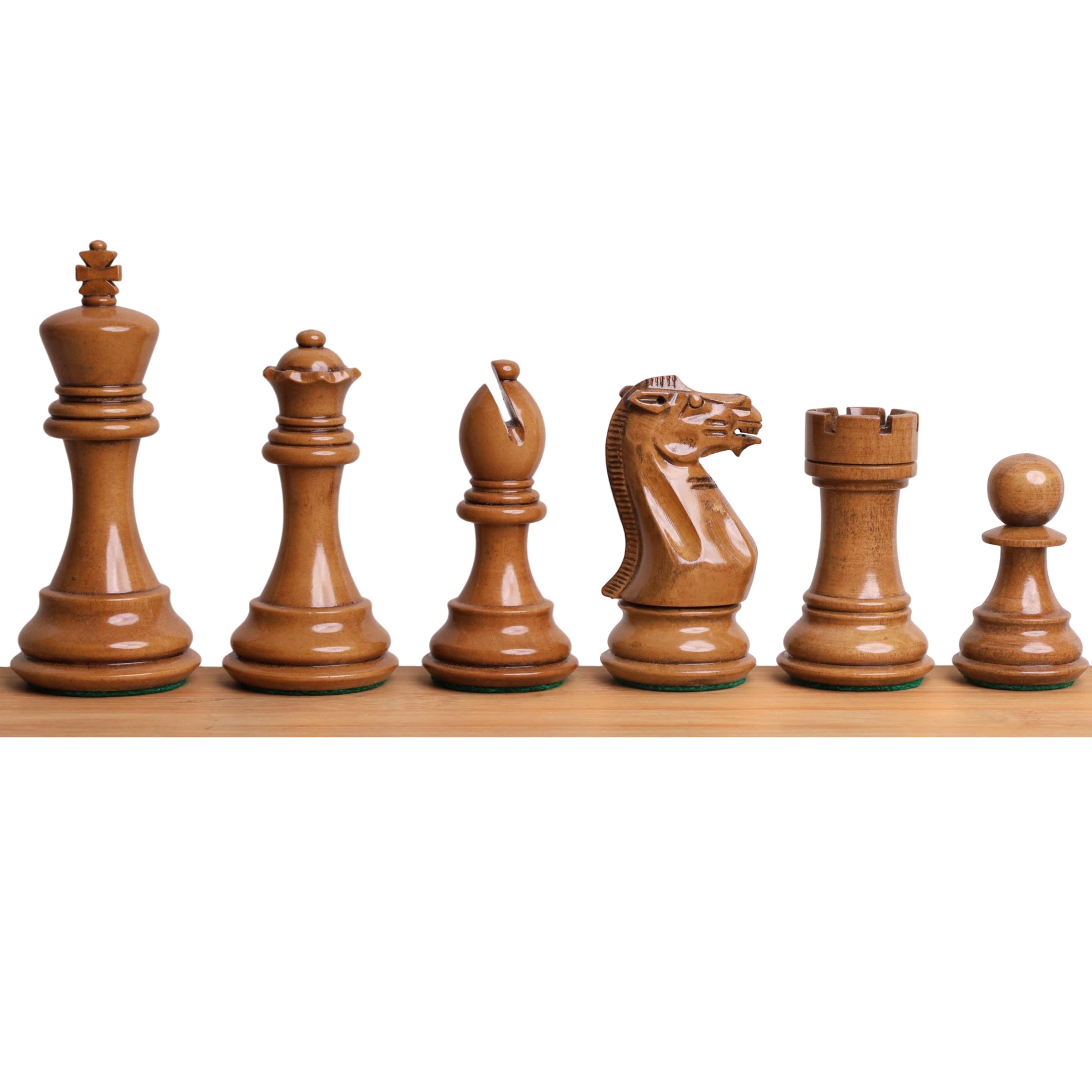 34 piece chessmen set in Mahogany Stained Boxwood and Distress Antiqued Boxwood