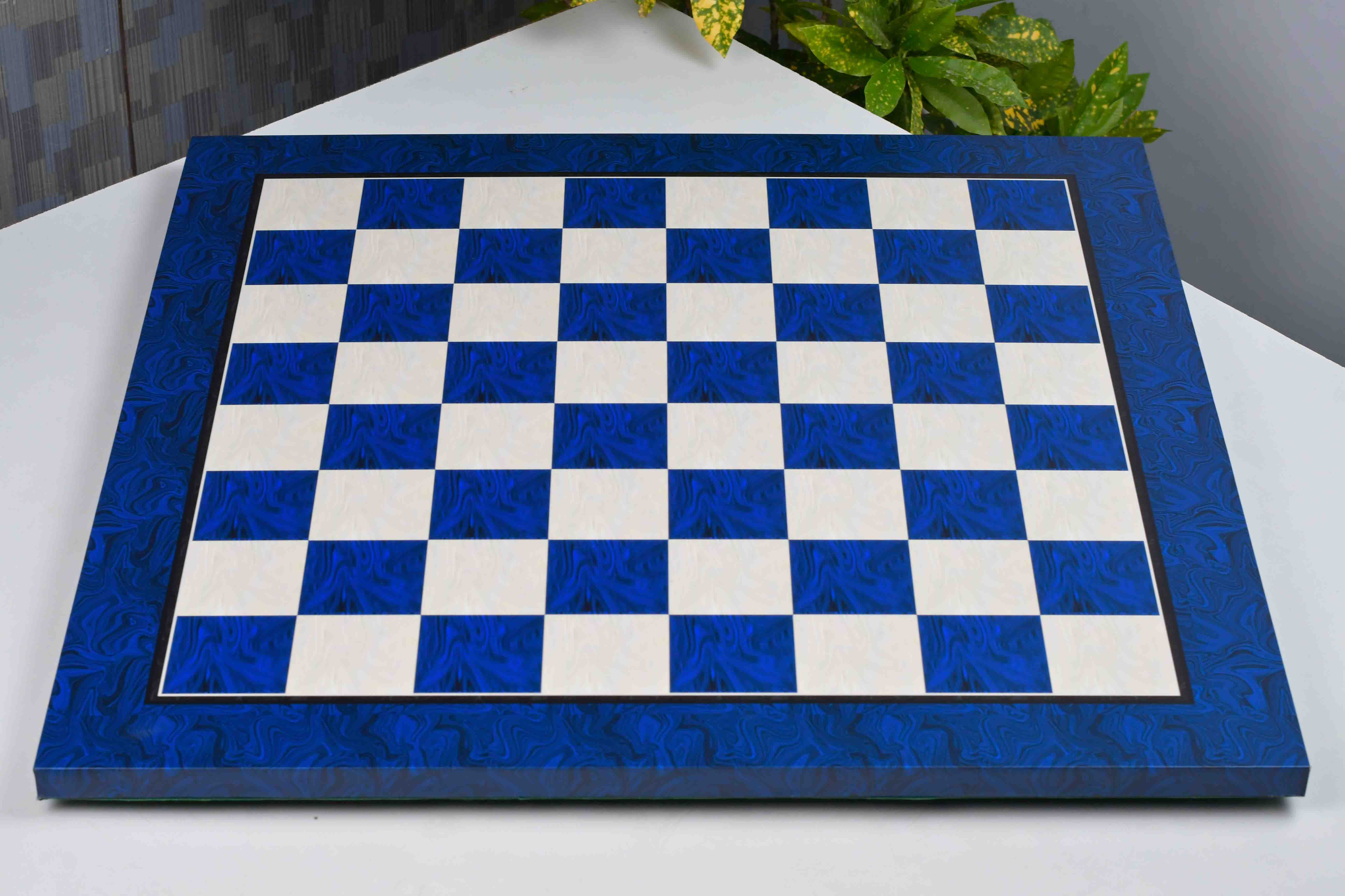 Blue burl tournament chess board at an angle