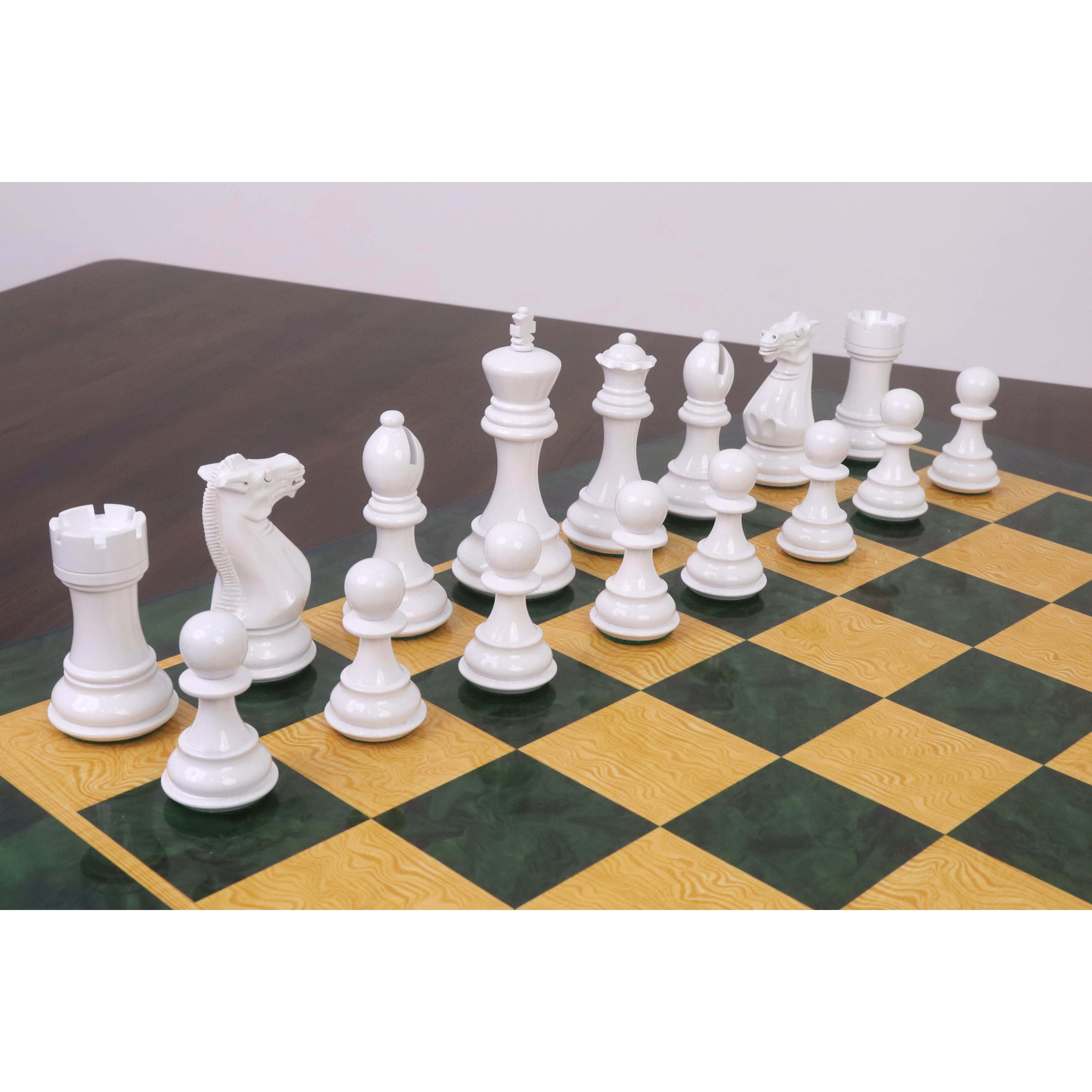 Green Painted Boxwood and White Painted Boxwood chessmen sized for 55 to 65 mm squares