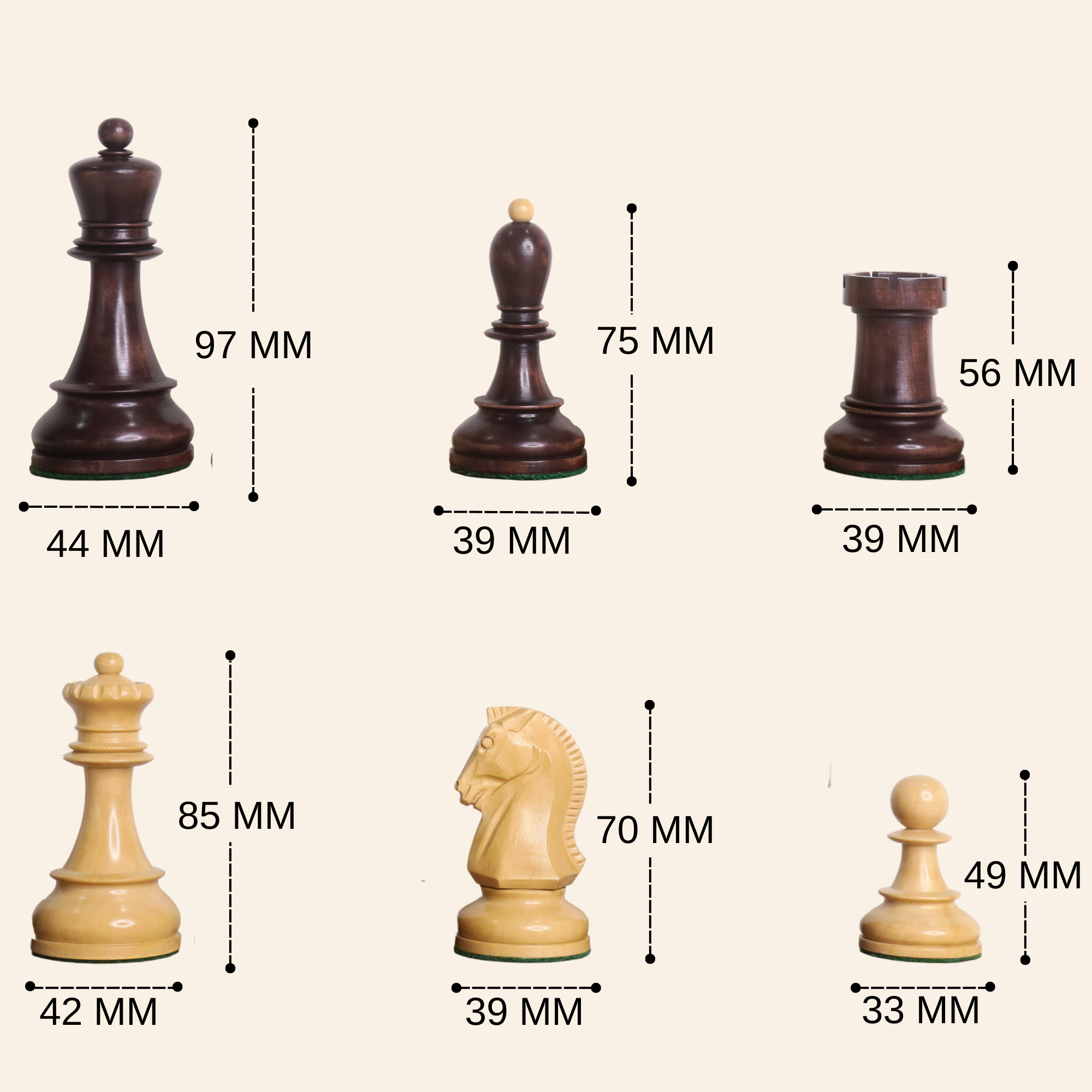 Mahogany Stained and Boxwood chessmen at 1,350 grams complete