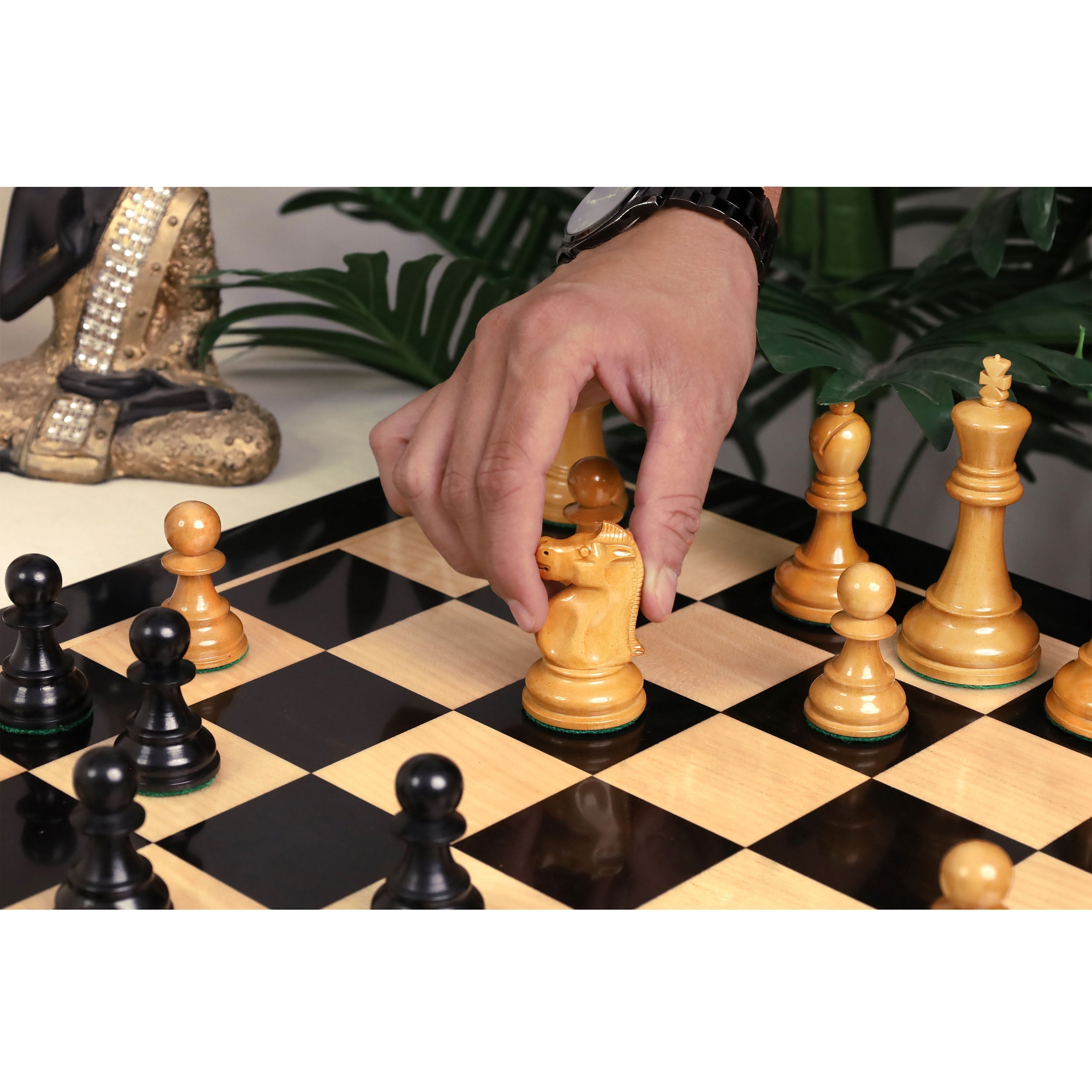 Ebony and Distress Antiqued Boxwood chessmen sized for 50 to 55 mm squares