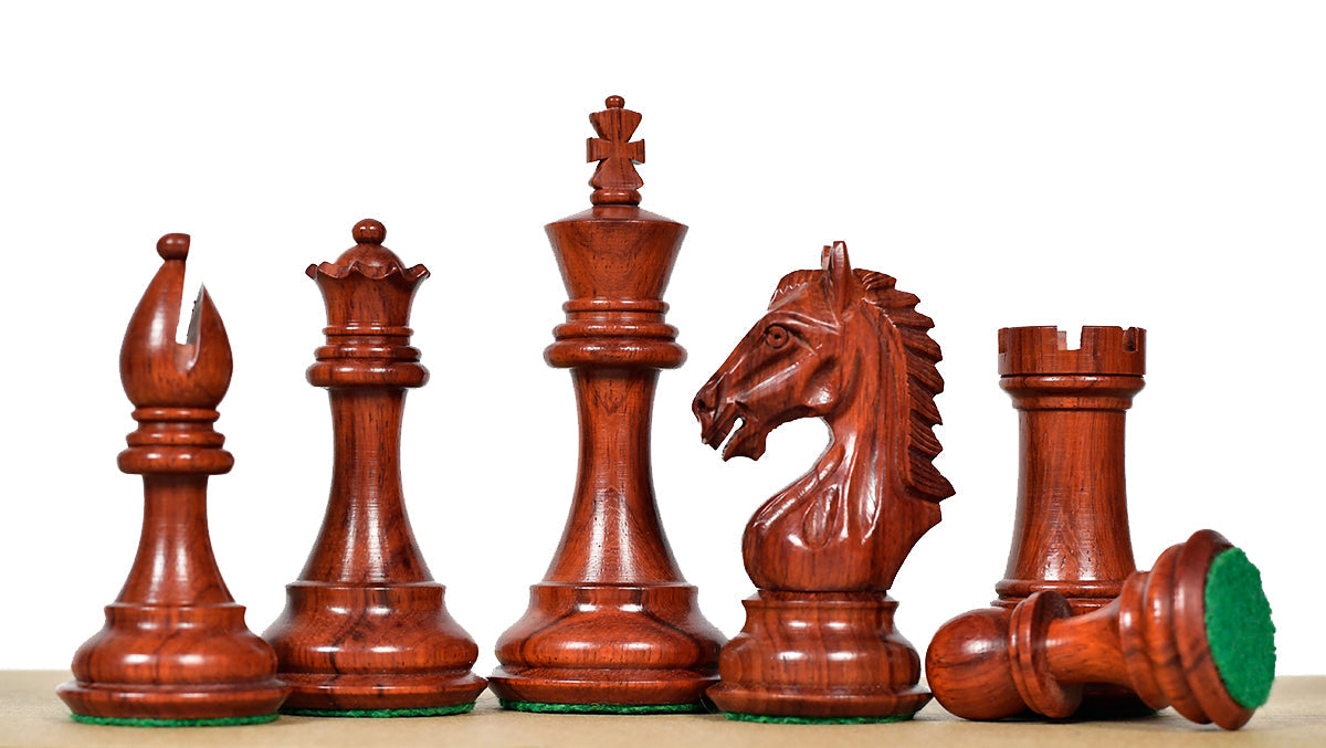 Knight carving detail on the Derby Knight chess pieces in bud rosewood and boxwood