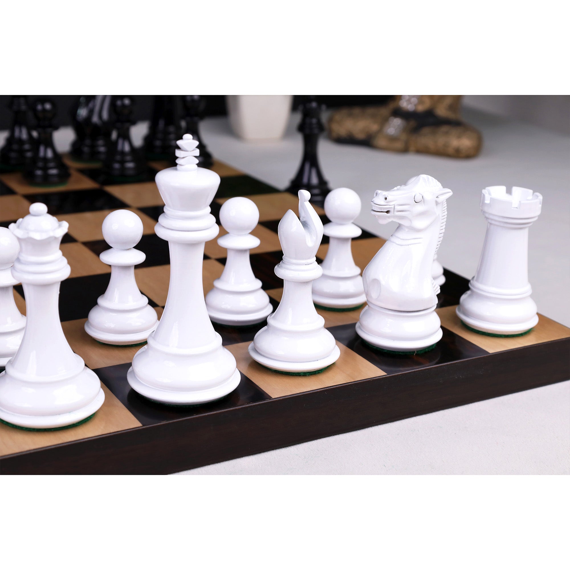 Black Lacquered Boxwood and White Lacquered Boxwood chessmen sized for 55 to 60 mm squares