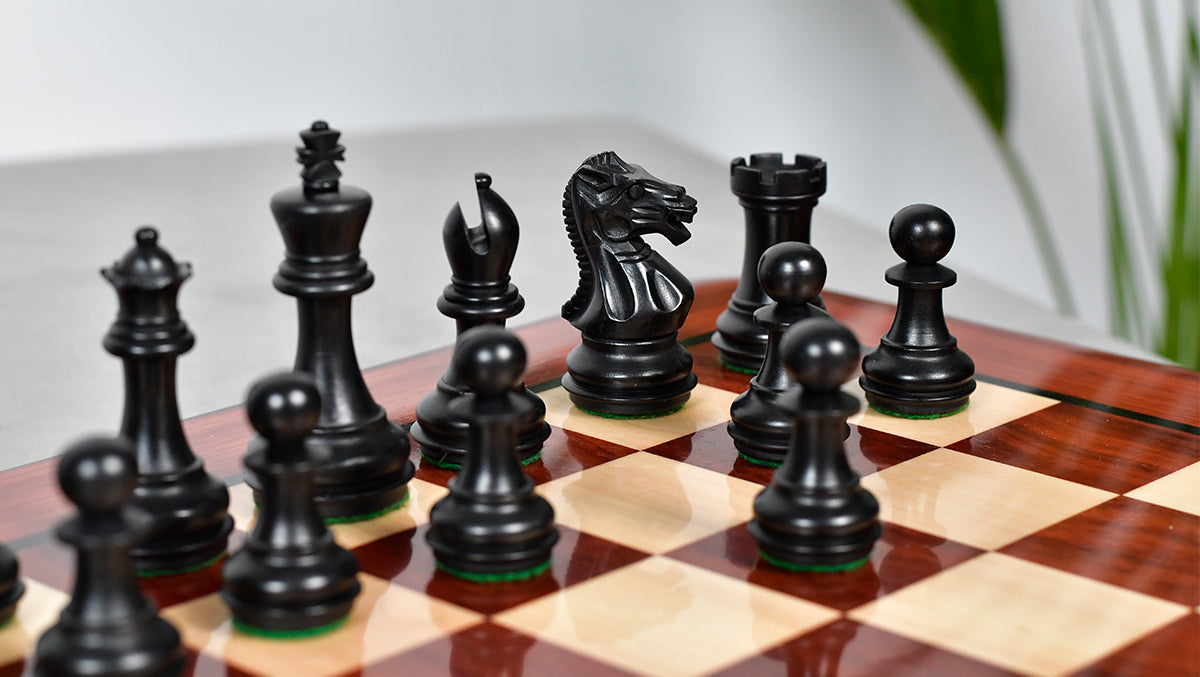 Knight carving detail on the Laughing Knight chess pieces in ebonised and natural boxwood