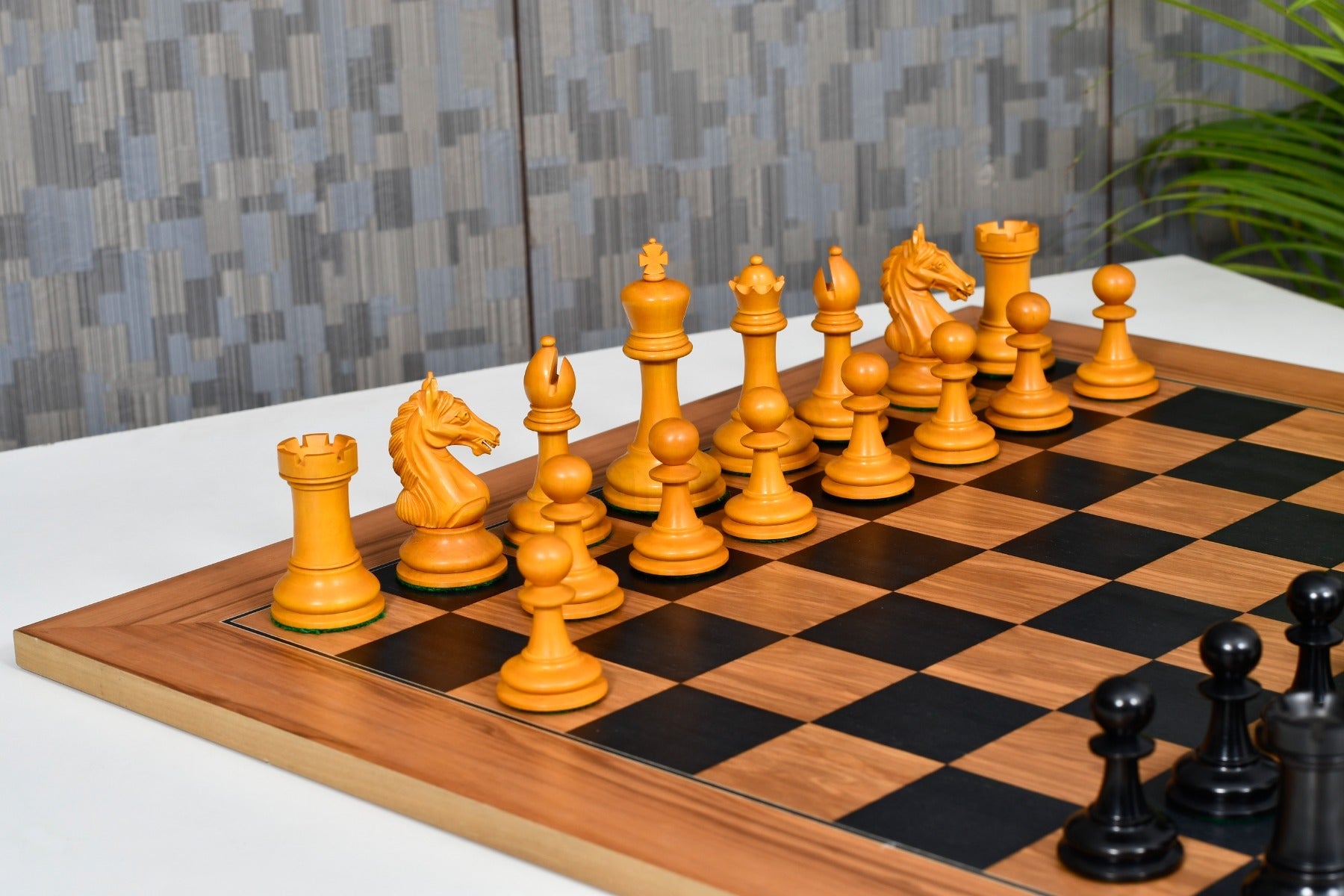 Full 34 piece Ancient Indian Warrior Staunton chess pieces in genuine ebony and antiqued boxwood, Sterling Chess Australia