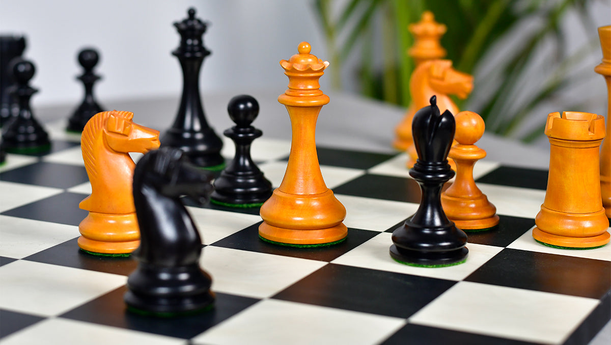 B and Co 1860s Antique wooden chess pieces, 100mm king, Genuine ebony finish