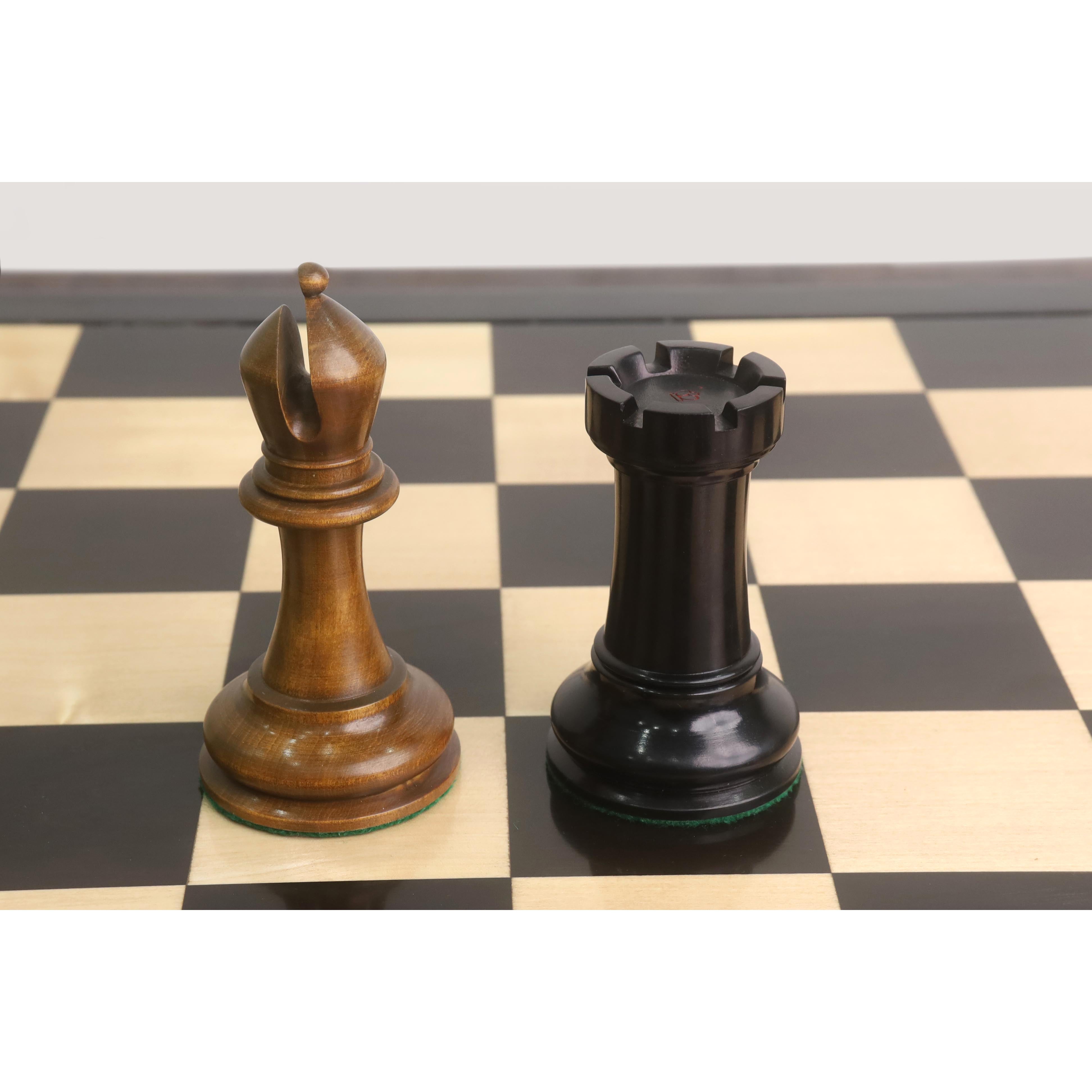Ebony Wood and Distress Antiqued Boxwood chessmen sized for 70 to 80 mm squares