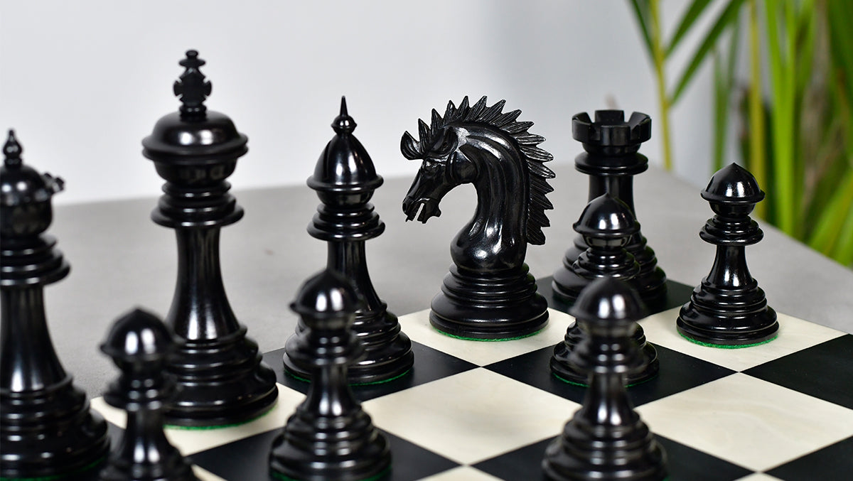 Knight carving detail on the Ferocious Elite Series chess pieces in genuine ebony and boxwood